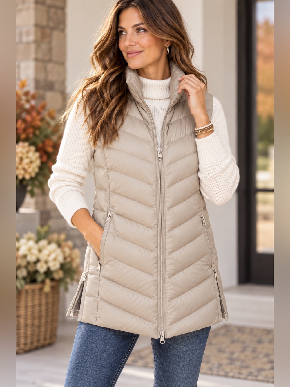 J.Jill Down Puffer Vest XL Taupe Chevron Quilted Longline Zip Side Vents